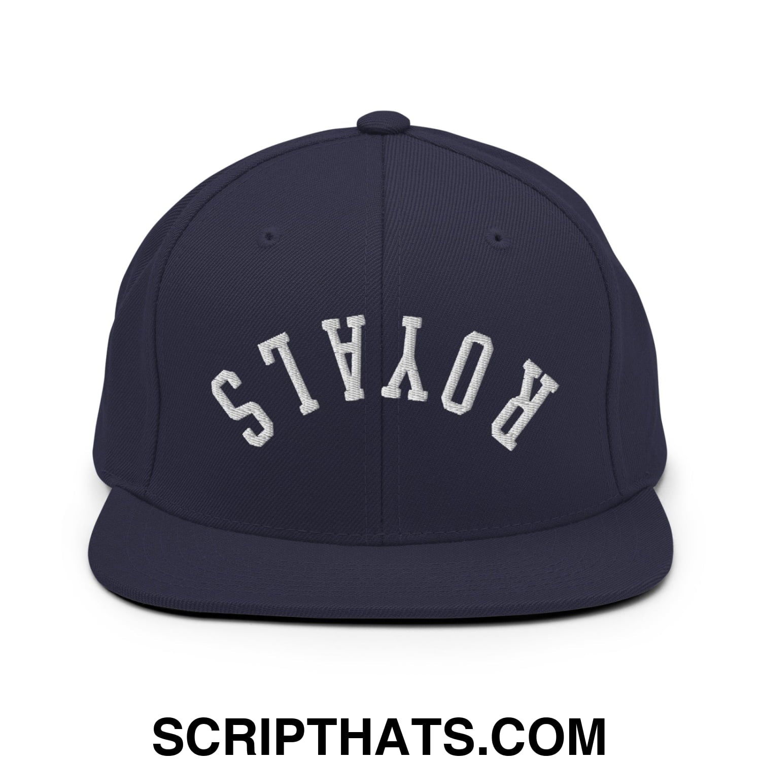 Navy blue snapback hat with white embroidered royals lettering in an arched design and flat bill brim