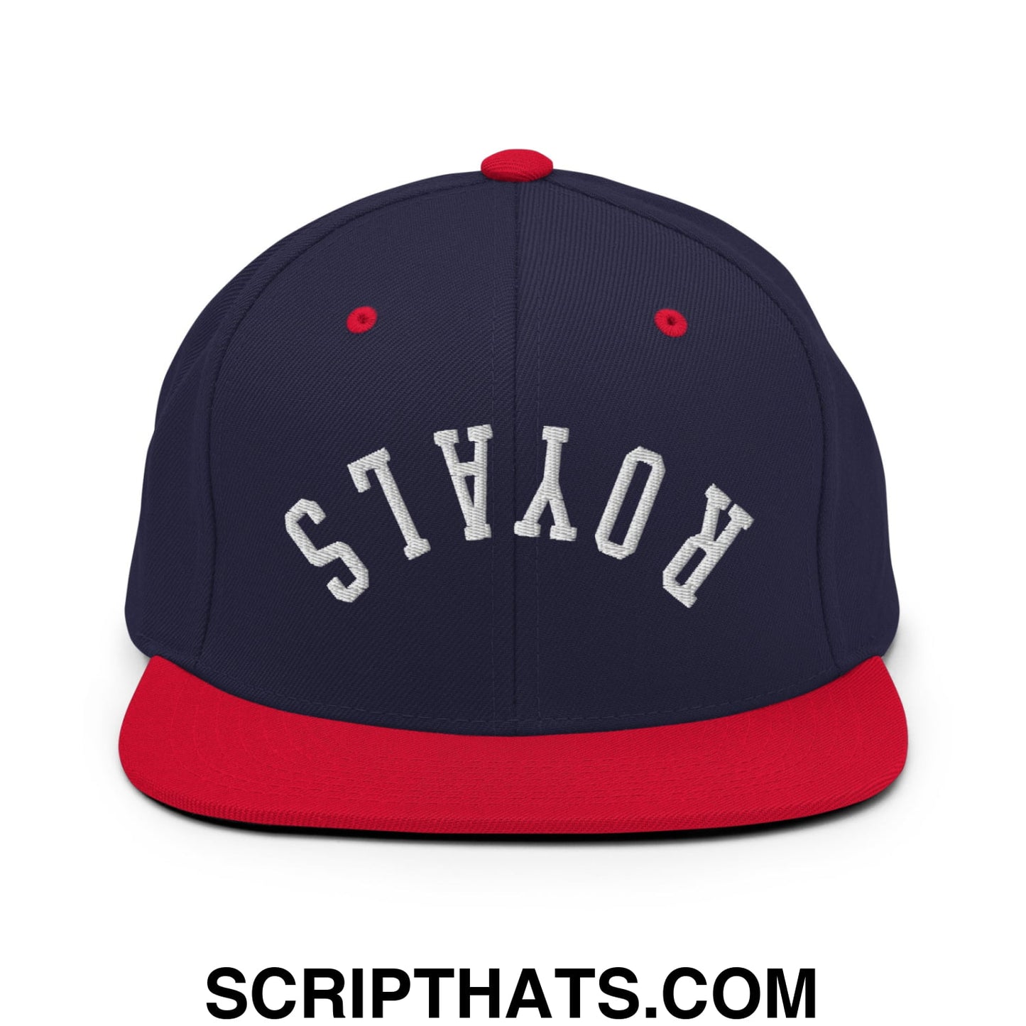 Navy blue and red snapback hat with white embroidered royals lettering and flat bill brim for casual wear