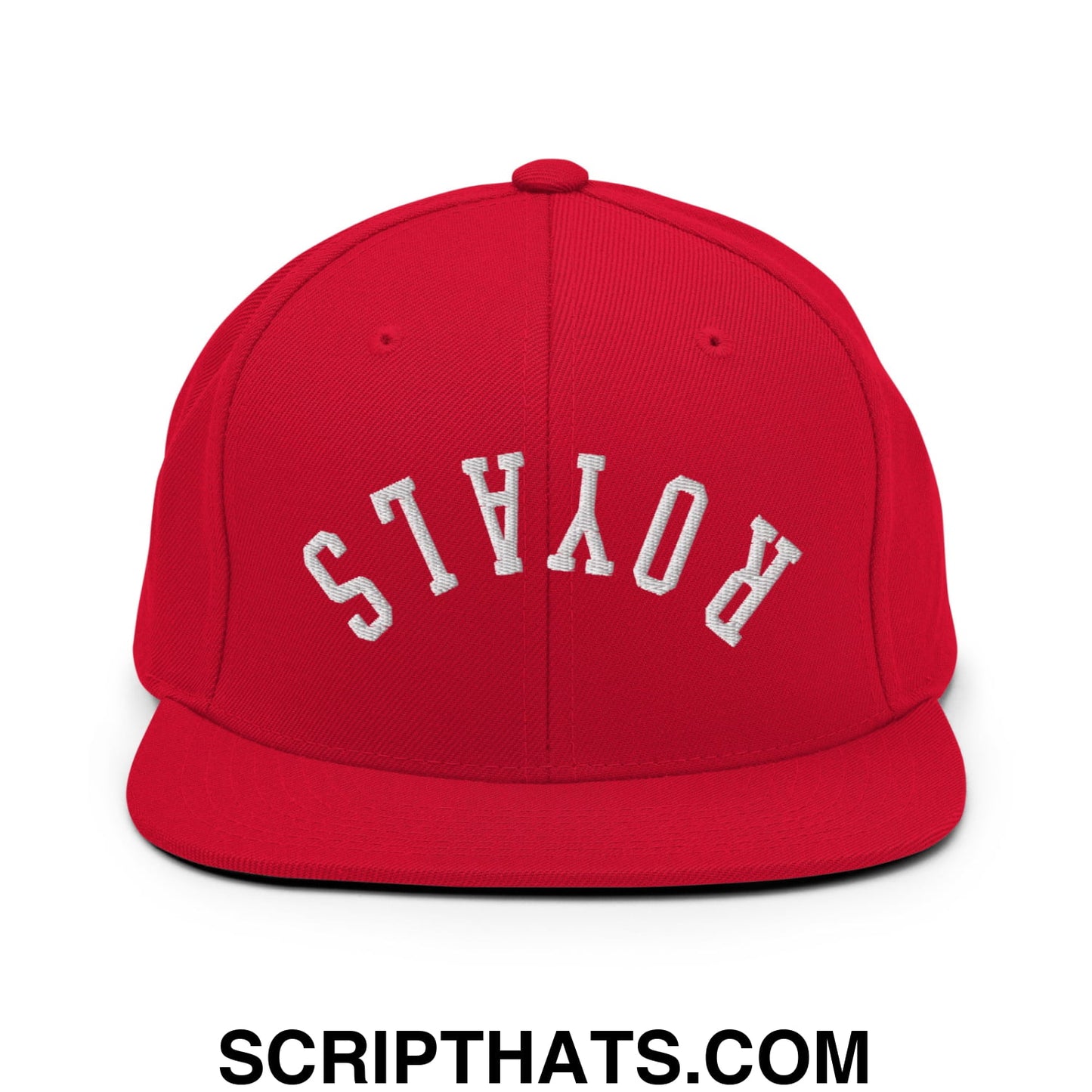 Red snapback cap with white embroidered royals lettering and flat bill brim in upside down design