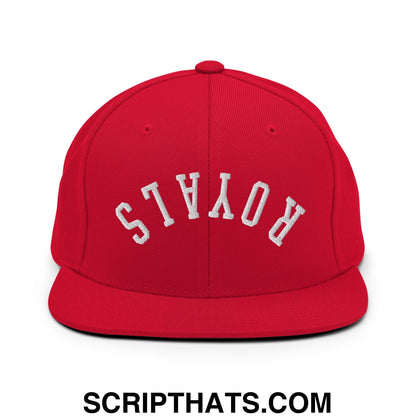 Red snapback cap with white embroidered royals lettering and flat bill brim in upside down design
