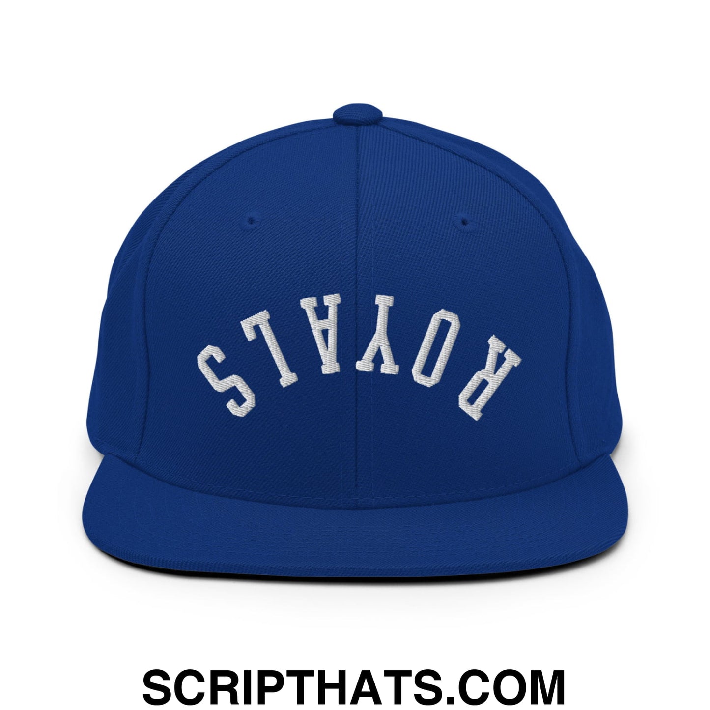Royal blue snapback cap with white arched royals embroidery and flat bill brim in an upside down design