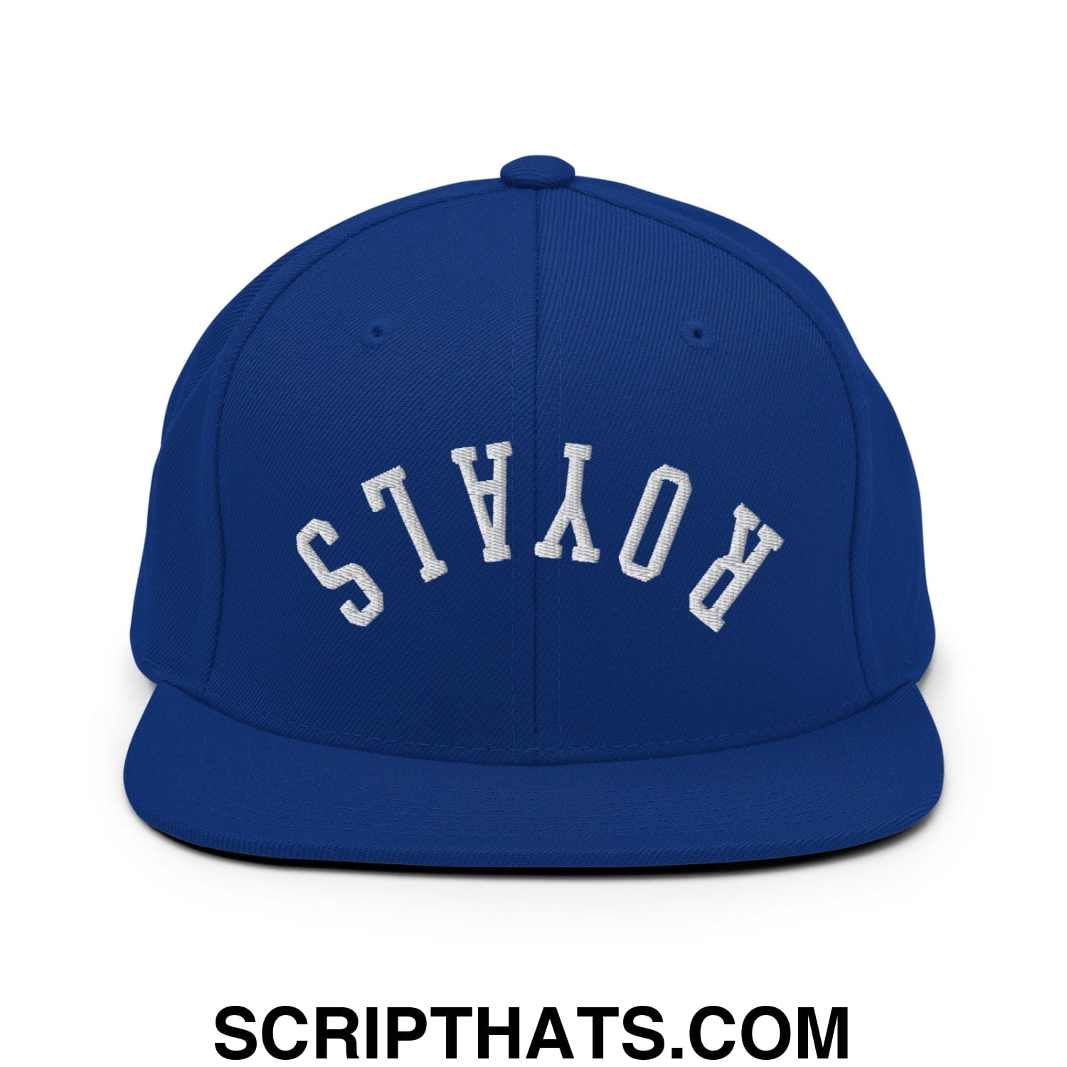 Royal blue snapback cap with white arched royals embroidery and flat bill brim in an upside down design
