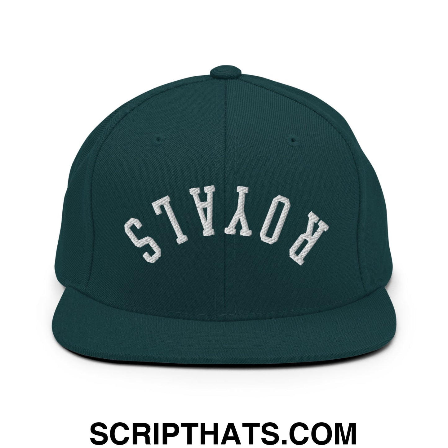Dark green snapback hat with white embroidered royals lettering and flat bill brim in an arched design