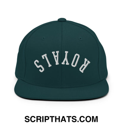 Dark green snapback hat with white embroidered royals lettering and flat bill brim in an arched design