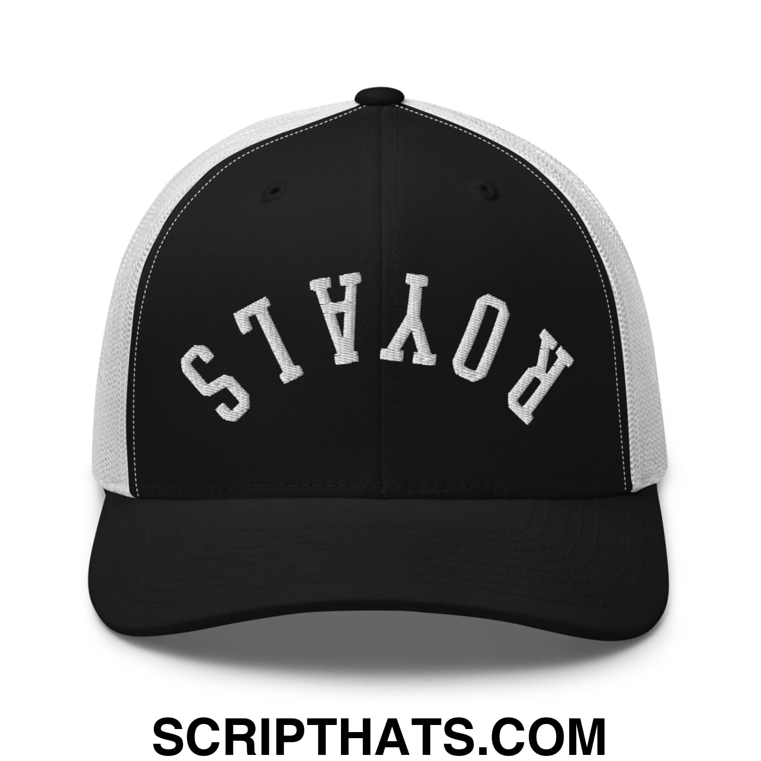 Upside Down Royals Embroidered Mesh Trucker Hat Black White