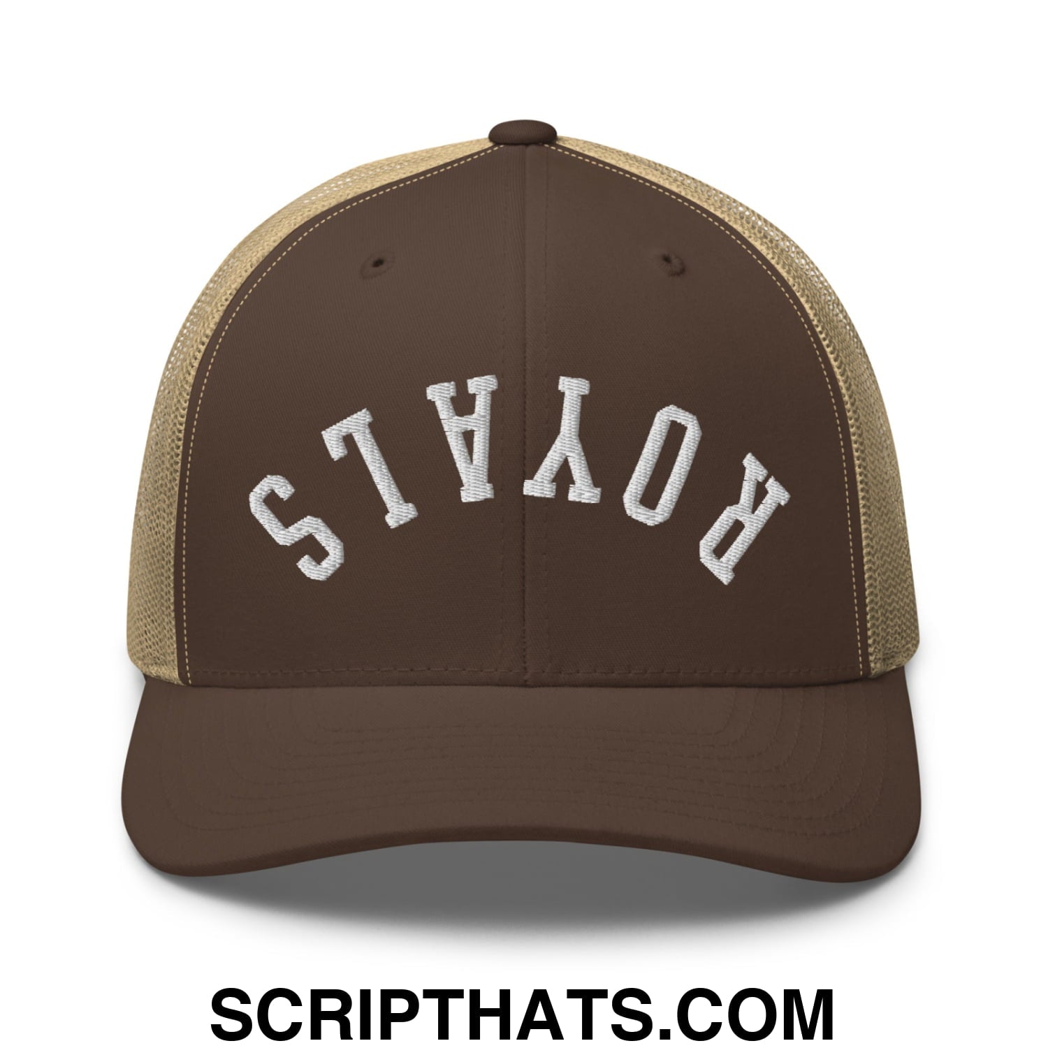 Upside Down Royals Embroidered Mesh Trucker Hat Brown Khaki