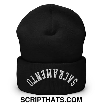 Black knit cuffed beanie with white embroidered sacramento text on folded cuff for casual cold weather wear