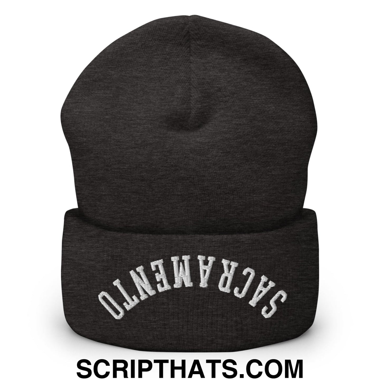 Dark heather gray cuffed knit beanie with sacramento embroidered in white across the cuff for casual wear