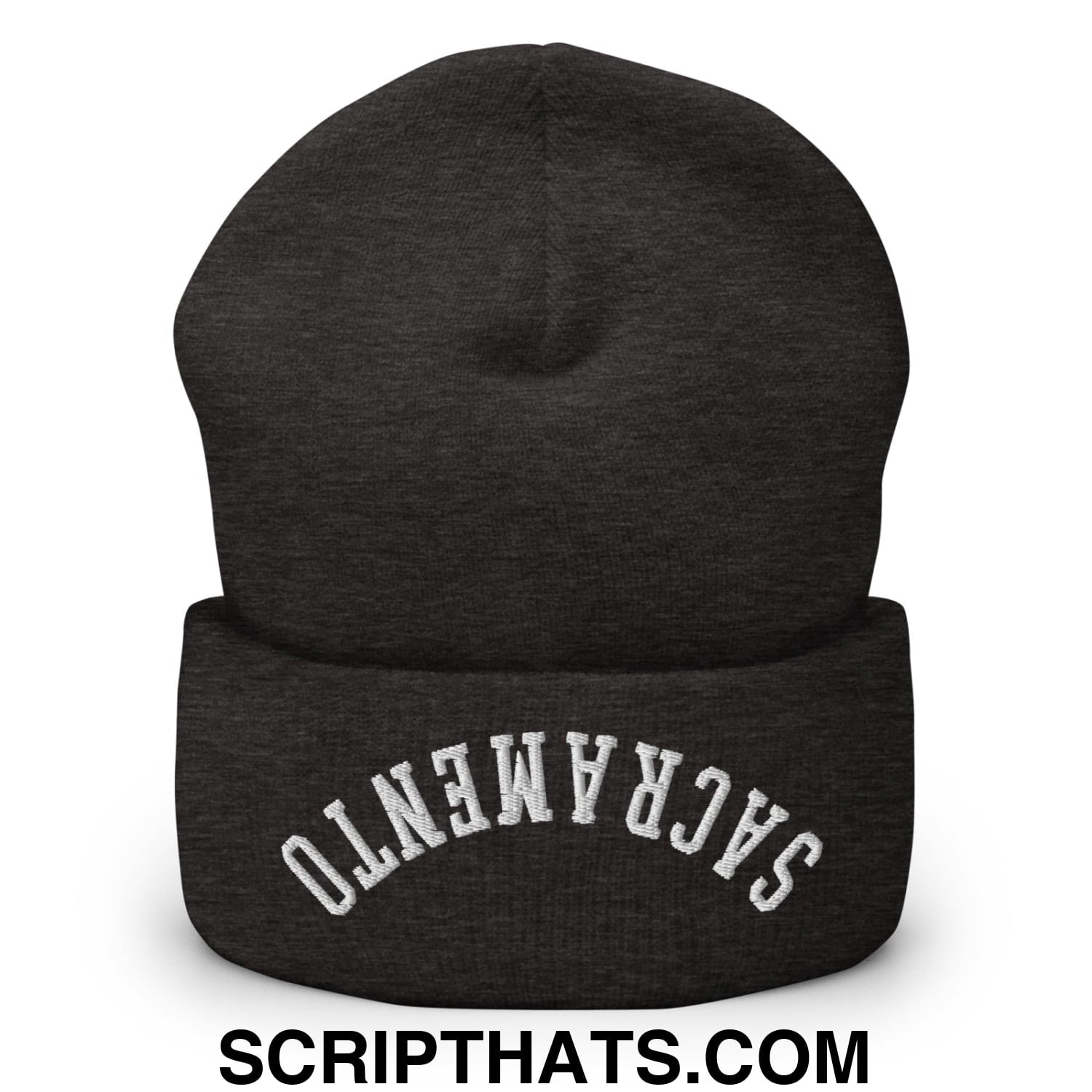 Dark heather gray cuffed knit beanie with sacramento embroidered in white across the cuff for casual wear
