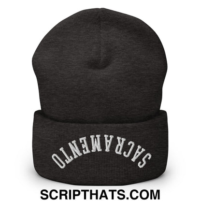 Dark heather gray cuffed knit beanie with sacramento embroidered in white across the cuff for casual wear