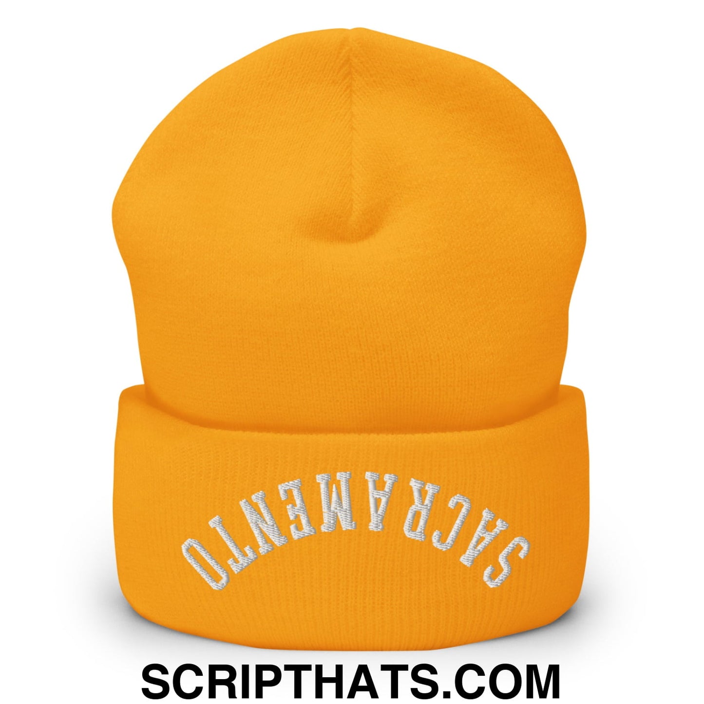 A vibrant orange knit cuffed beanie with white embroidered Sacramento lettering for casual winter wear