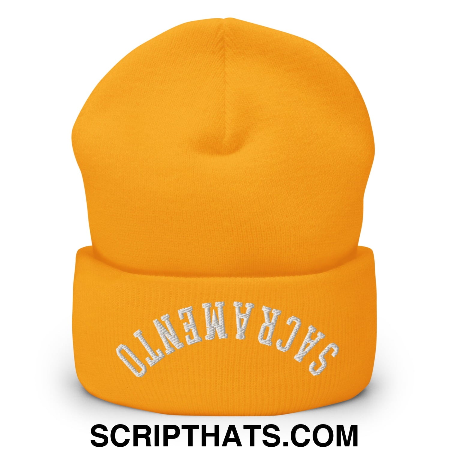A vibrant orange knit cuffed beanie with white embroidered Sacramento lettering for casual winter wear