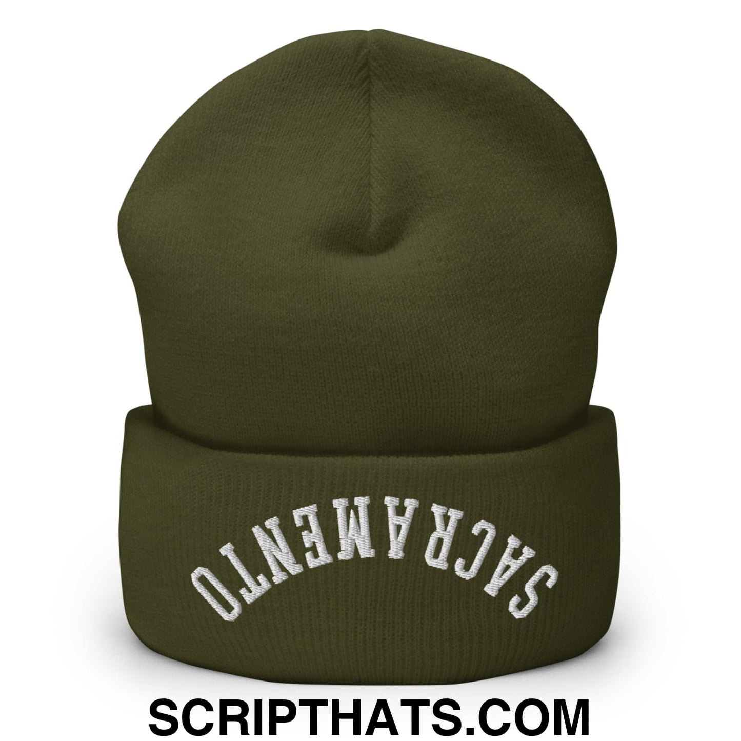 Olive green knit beanie with white embroidered sacramento arch on folded cuff featuring upside down design