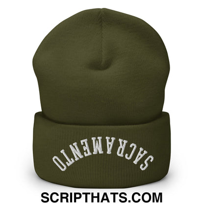 Olive green knit beanie with white embroidered sacramento arch on folded cuff featuring upside down design