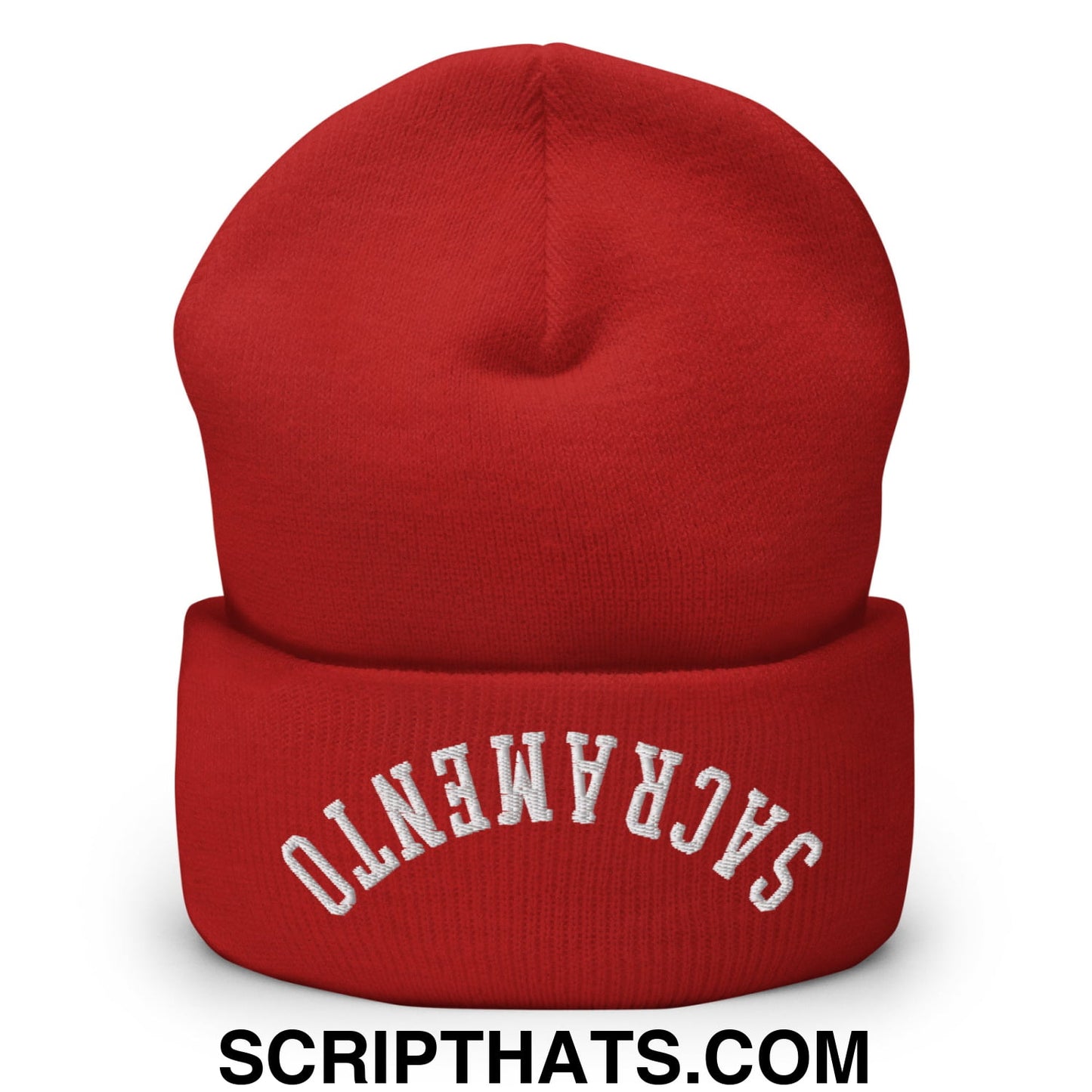Red knit beanie with white embroidered sacramento arch on the cuff from the upside down collection