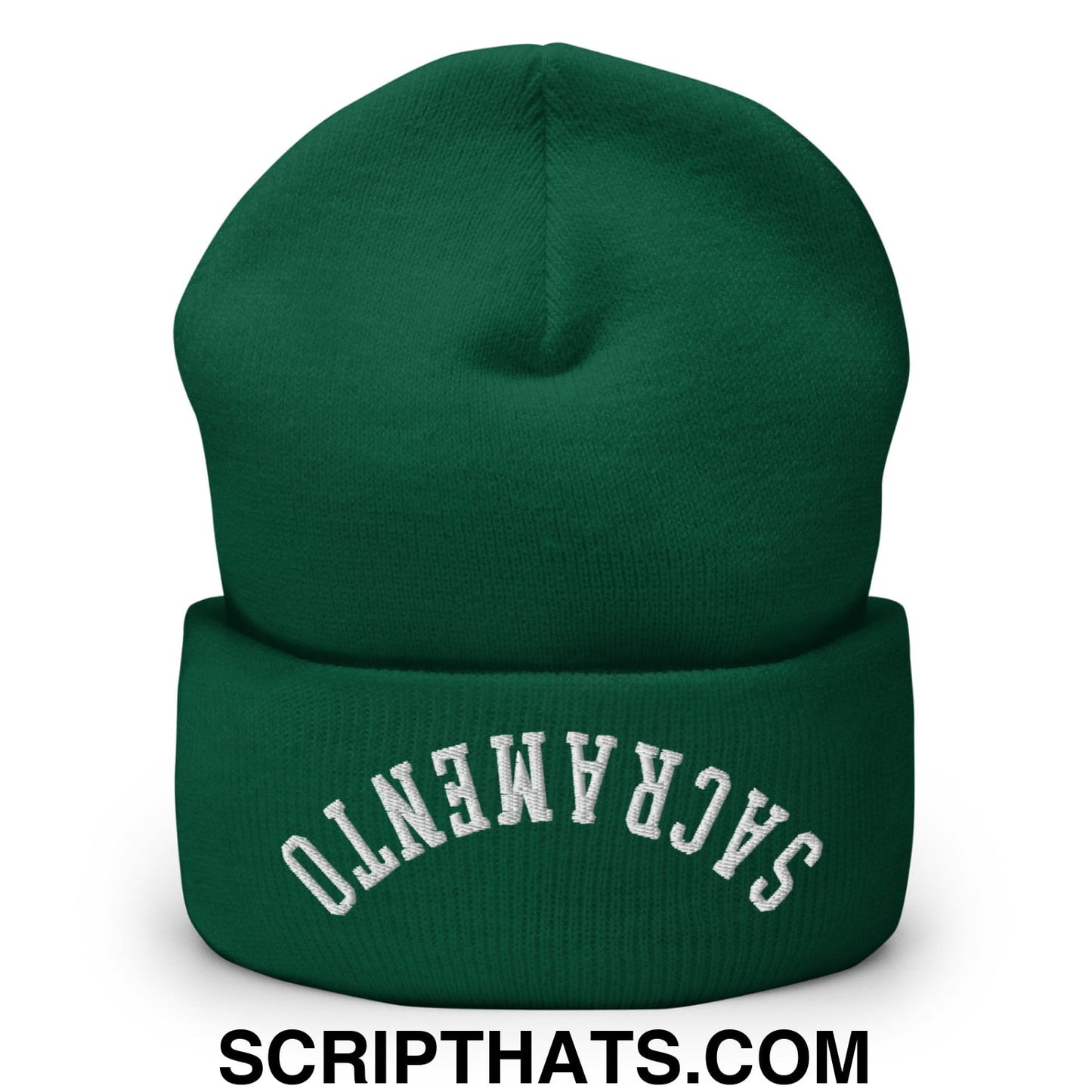 Deep green knit beanie with white embroidered Sacramento on the folded cuff in a cuffed knit design