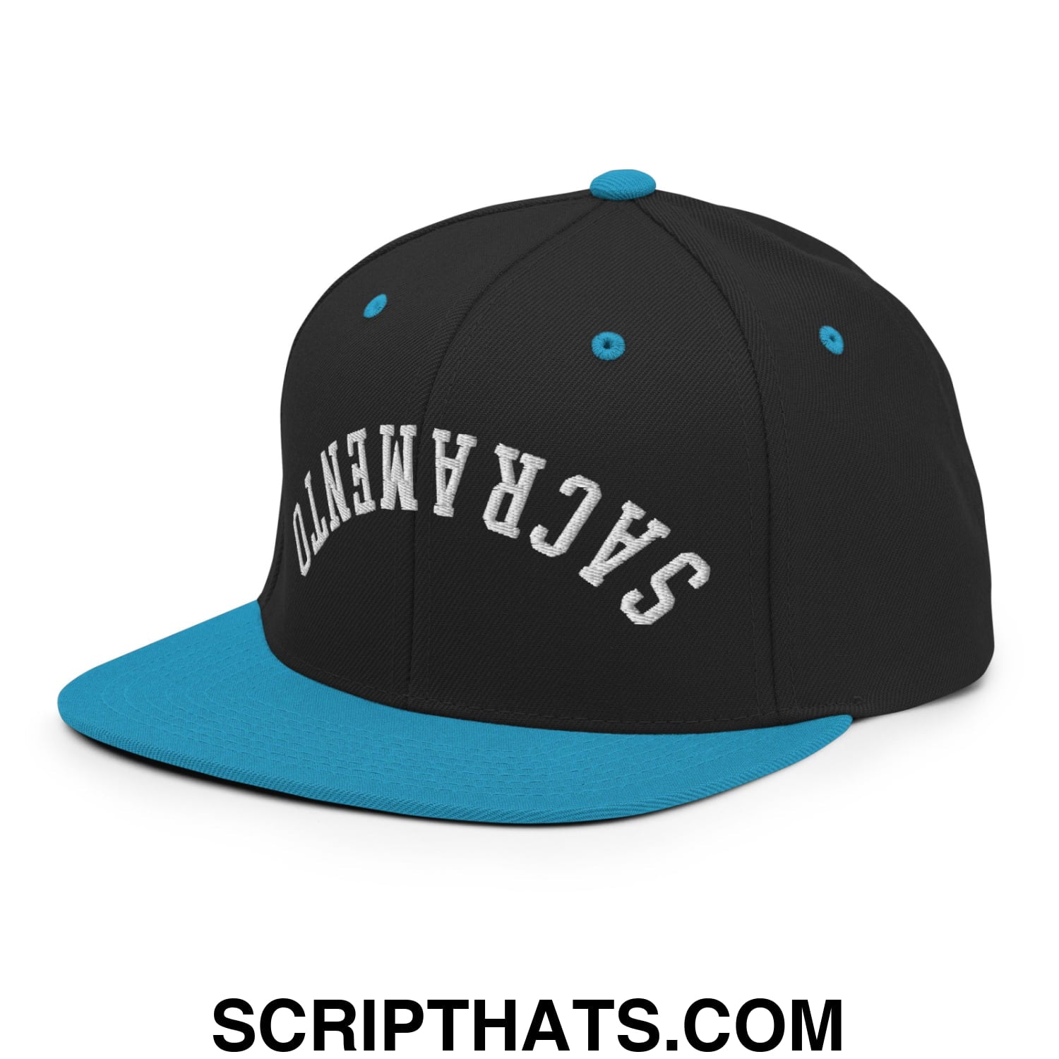 Upside Down Sacramento Embroidered Flat Bill Brim Snapback Hat Black Teal