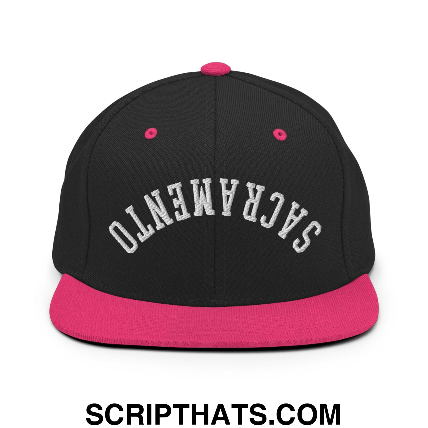 Upside Down Sacramento Embroidered Flat Bill Brim Snapback Hat Black Neon Pink