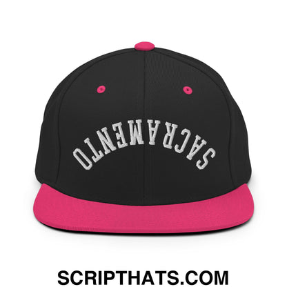 Upside Down Sacramento Embroidered Flat Bill Brim Snapback Hat Black Neon Pink