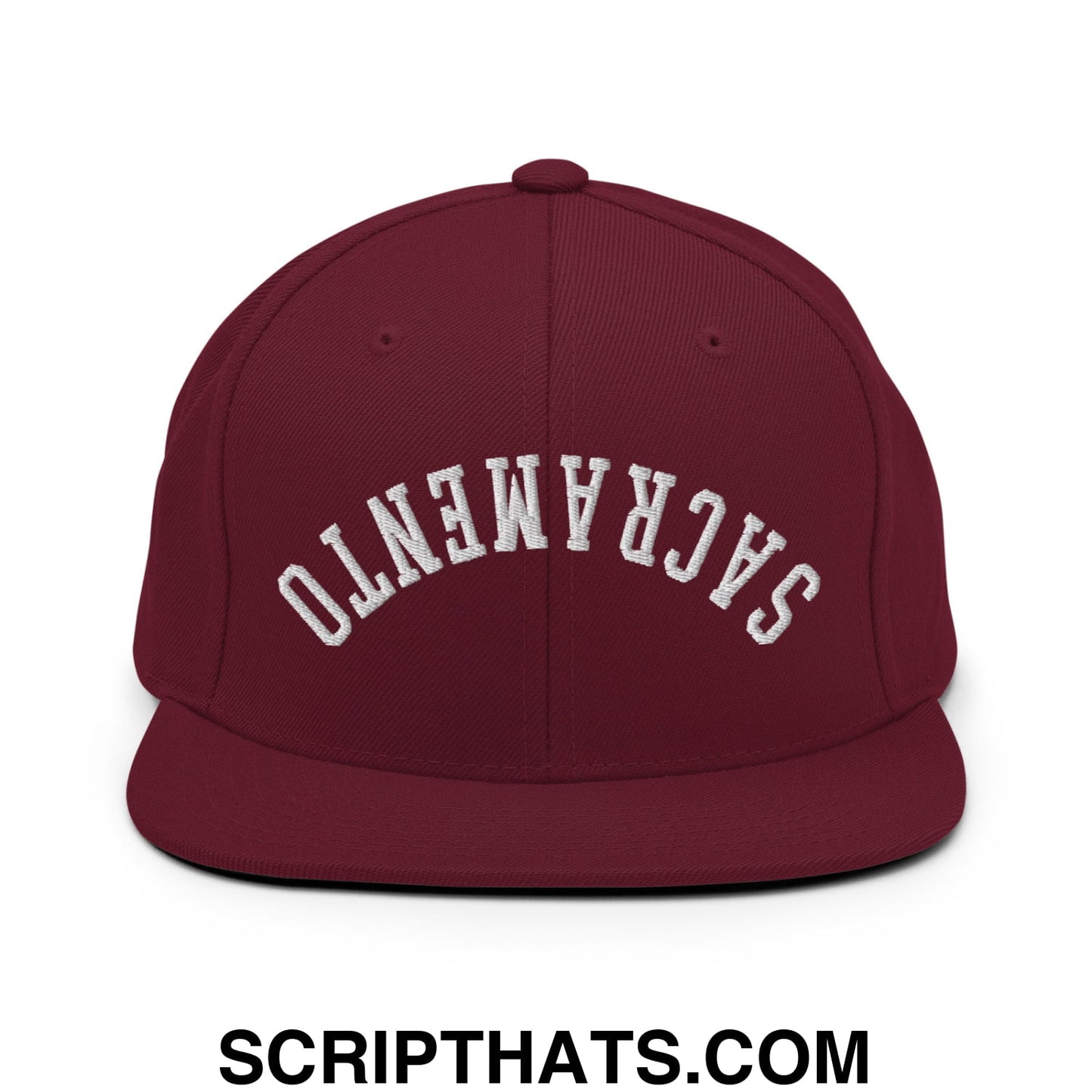 Upside Down Sacramento Embroidered Flat Bill Brim Snapback Hat Maroon