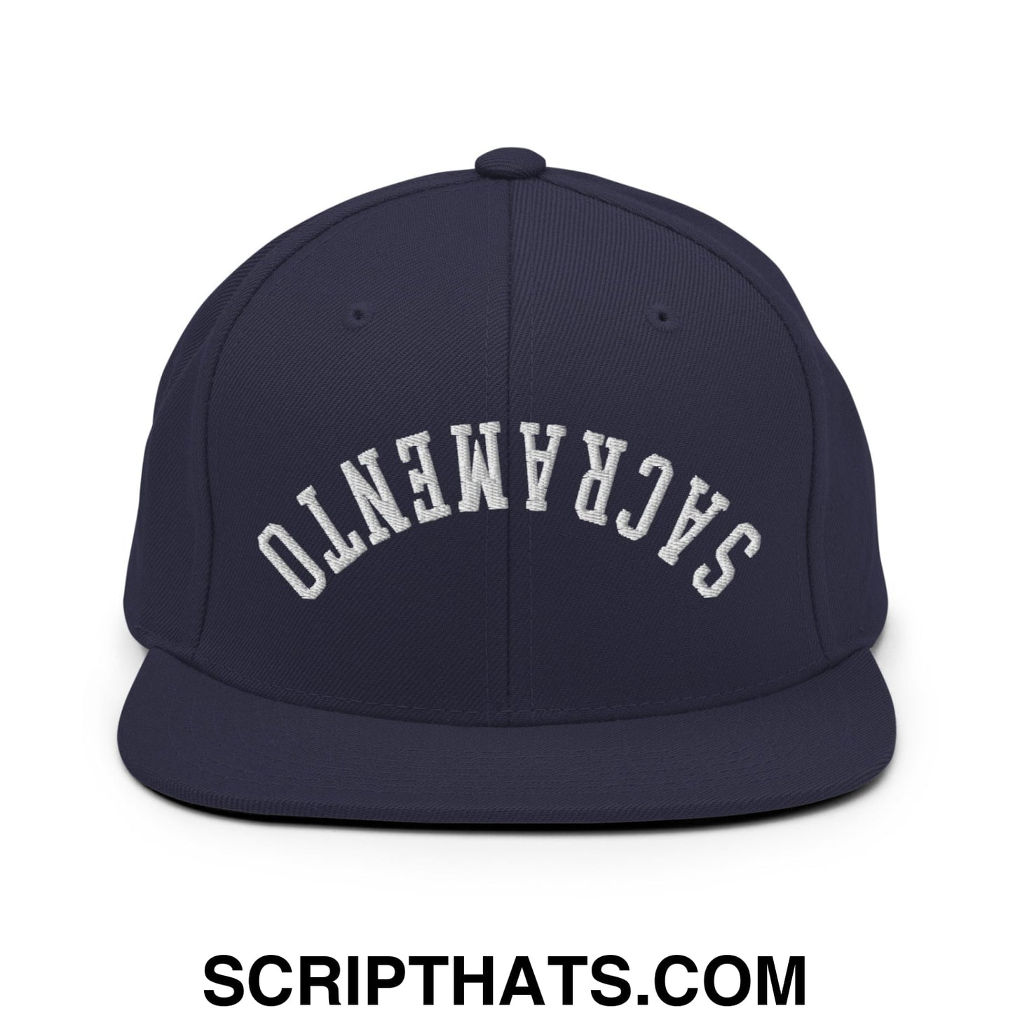 Upside Down Sacramento Embroidered Flat Bill Brim Snapback Hat Navy