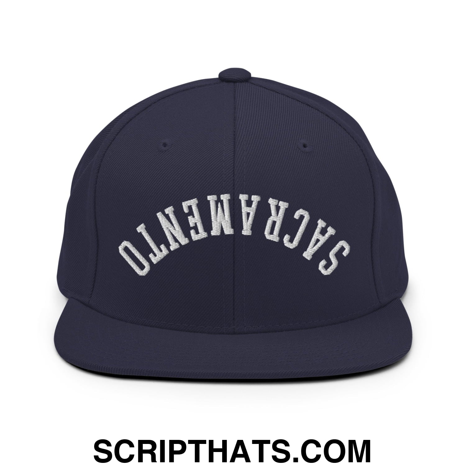 Upside Down Sacramento Embroidered Flat Bill Brim Snapback Hat Navy