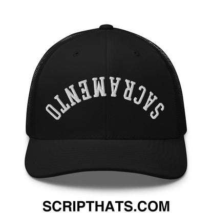 Upside Down Sacramento Embroidered Mesh Trucker Hat Black