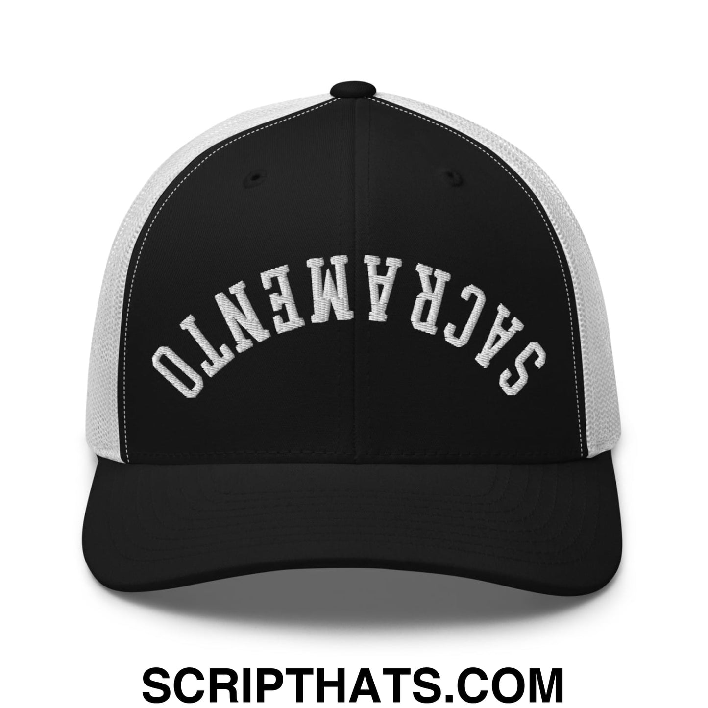 Upside Down Sacramento Embroidered Mesh Trucker Hat Black White