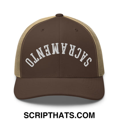 Upside Down Sacramento Embroidered Mesh Trucker Hat Brown Khaki