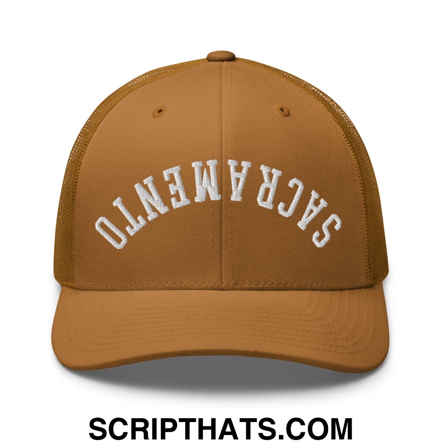 Upside Down Sacramento Embroidered Mesh Trucker Hat Caramel