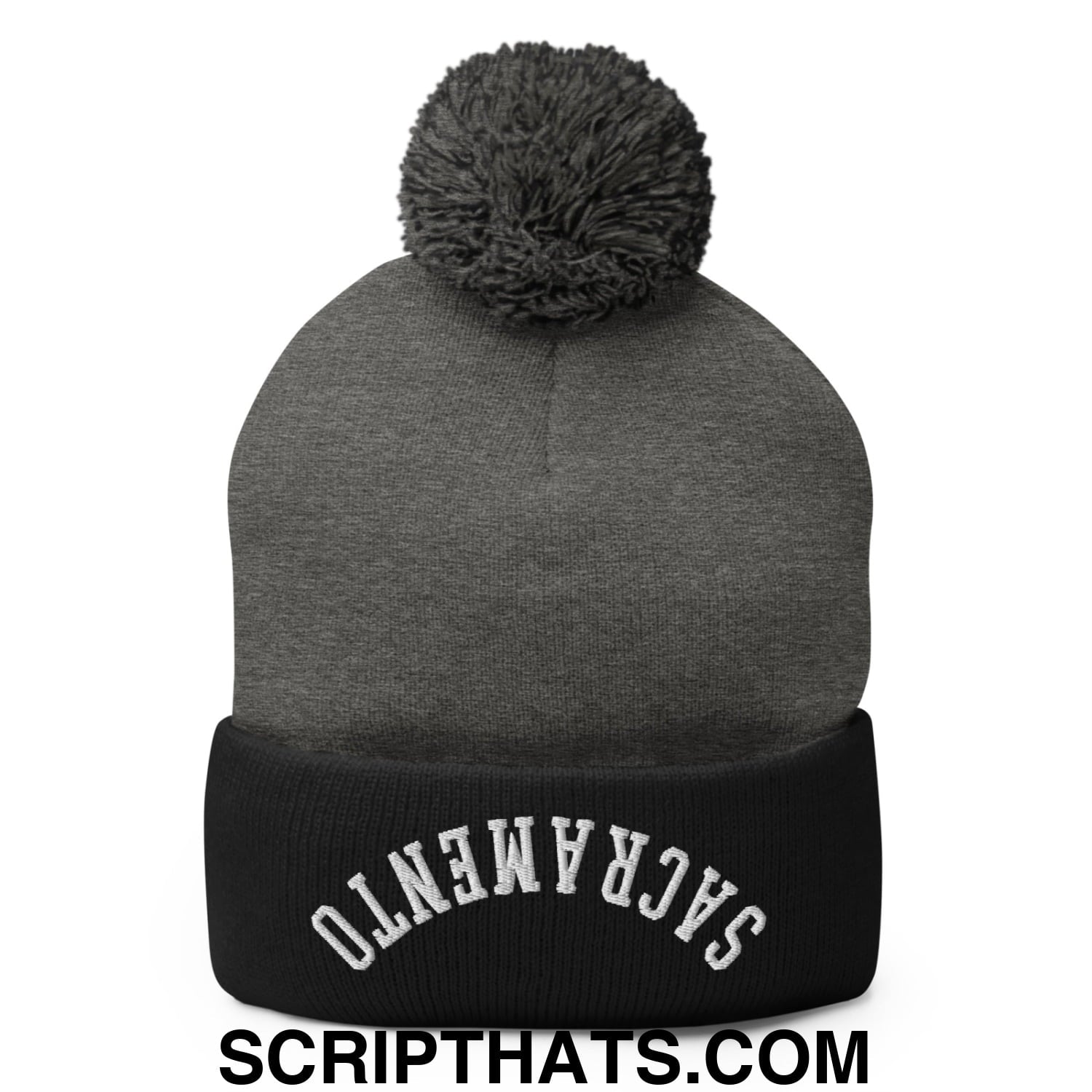 Gray knit beanie with black ribbed cuff featuring white embroidered Sacramento and gray pom pom on top