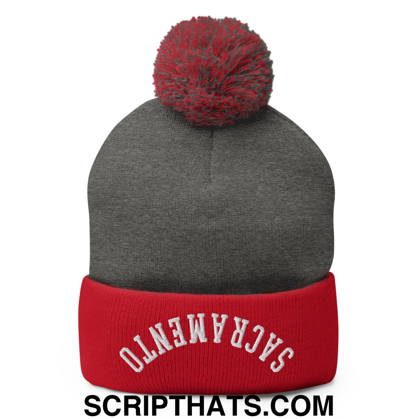 Gray and red knit beanie with matching pom pom and white sacramento embroidery on folded cuff upsidedown style