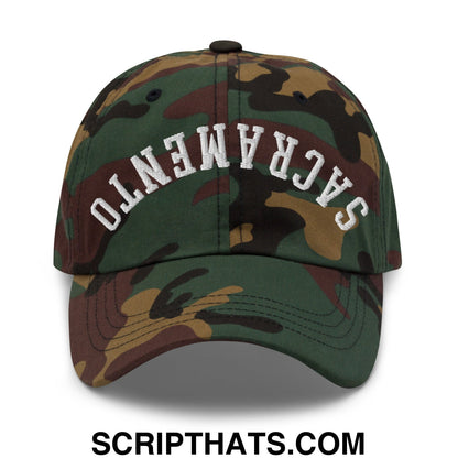 Upside Down Sacramento Embroidered Unstructured Dad Hat Green Camo
