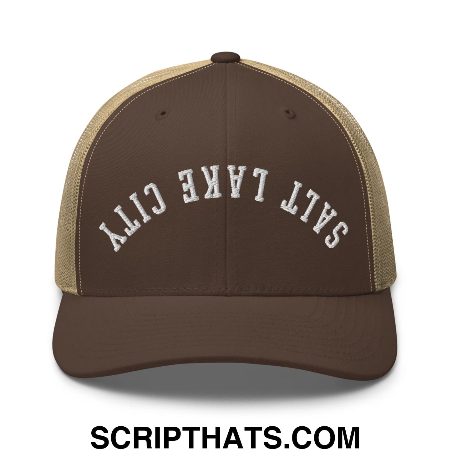 Upside Down Salt Lake City Embroidered Mesh Trucker Hat Brown Khaki
