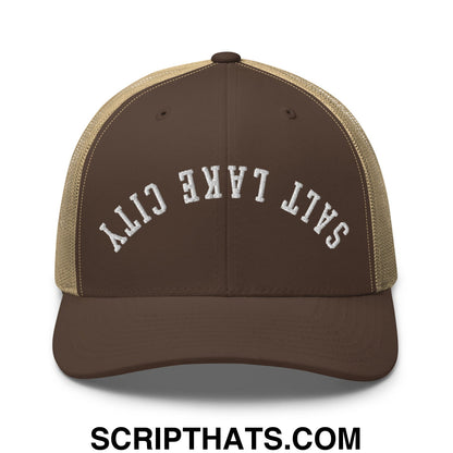Upside Down Salt Lake City Embroidered Mesh Trucker Hat Brown Khaki