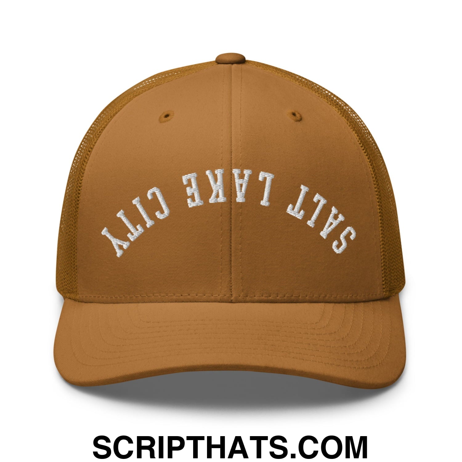 Upside Down Salt Lake City Embroidered Mesh Trucker Hat Caramel