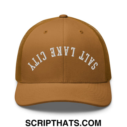 Upside Down Salt Lake City Embroidered Mesh Trucker Hat Caramel