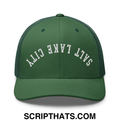 Upside Down Salt Lake City Embroidered Mesh Trucker Hat Evergreen