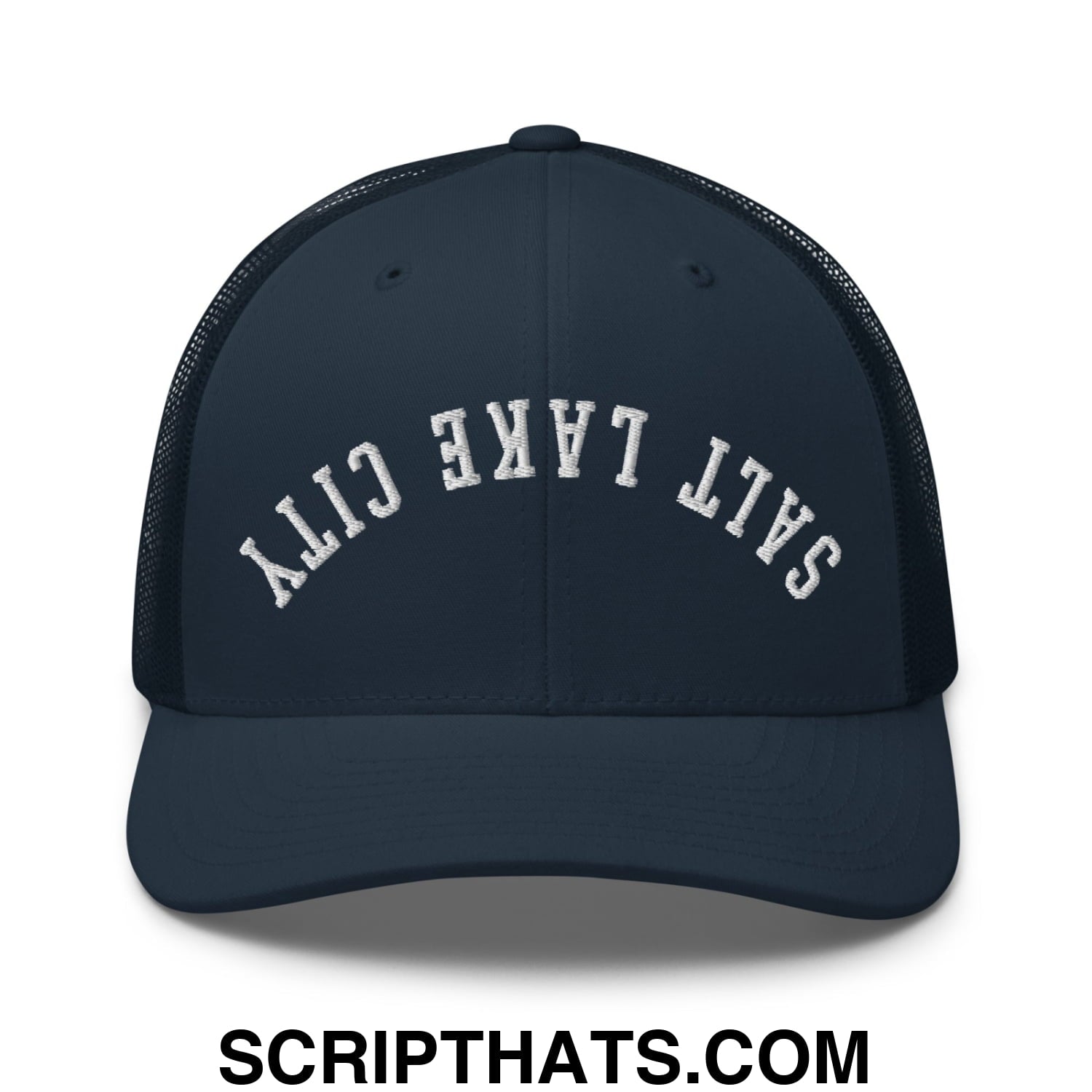 Upside Down Salt Lake City Embroidered Mesh Trucker Hat Navy