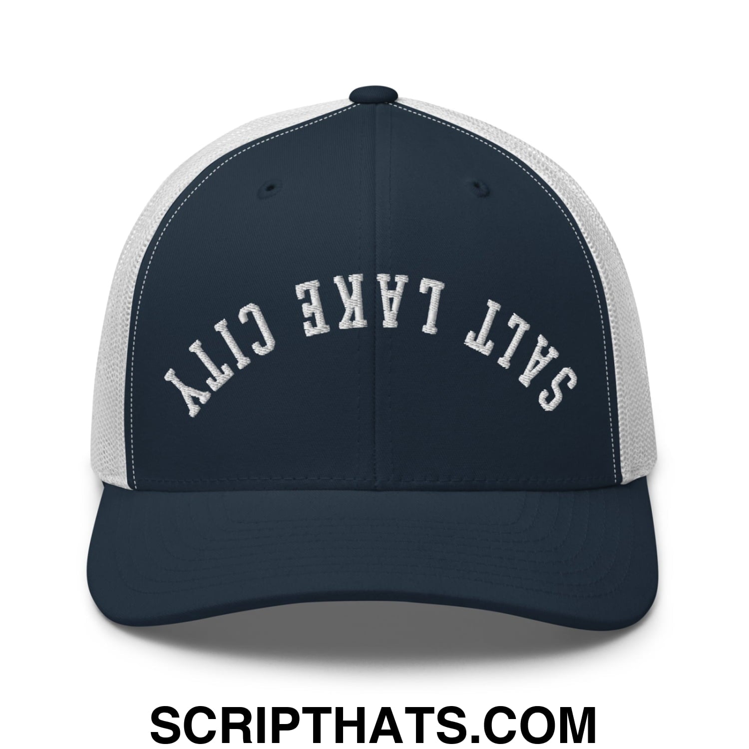 Upside Down Salt Lake City Embroidered Mesh Trucker Hat Navy White