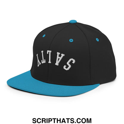 Black and teal snapback hat with white embroidered salty lettering and a flat bill brim design