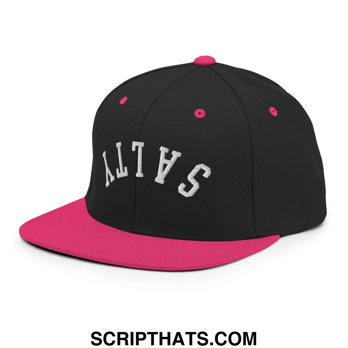 Black and pink snapback cap with white embroidered salty lettering and a flat bill brim design