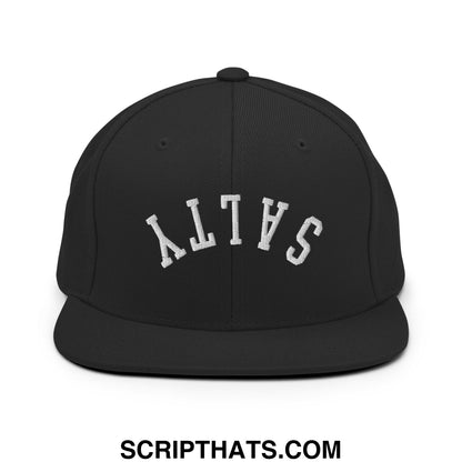 Black snapback hat with white arched salty embroidery and flat bill brim for casual streetwear use