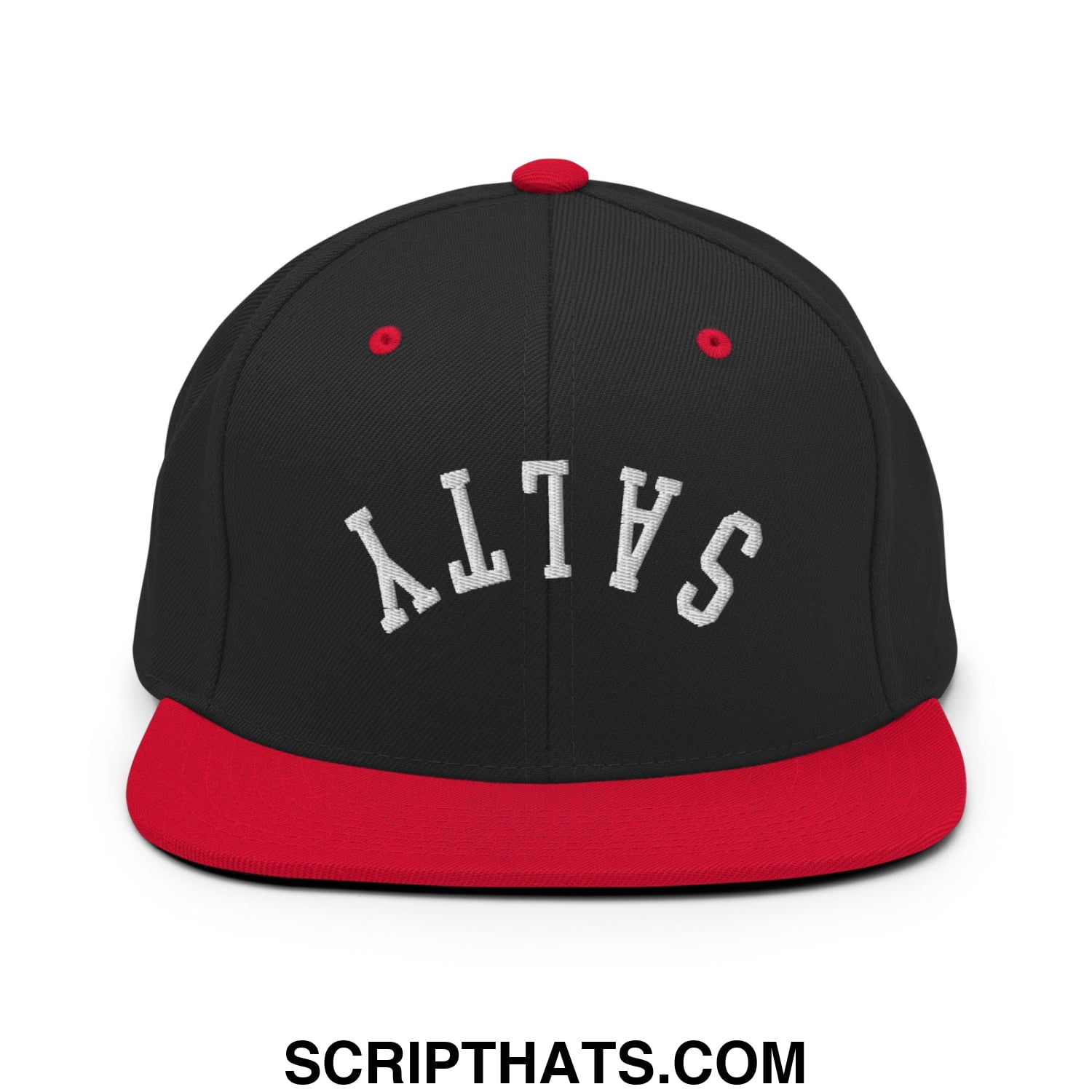 Black and red snapback hat with white embroidered salty lettering and flat bill brim perfect for casual wear