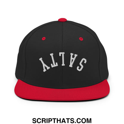 Black and red snapback hat with white embroidered salty lettering and flat bill brim perfect for casual wear