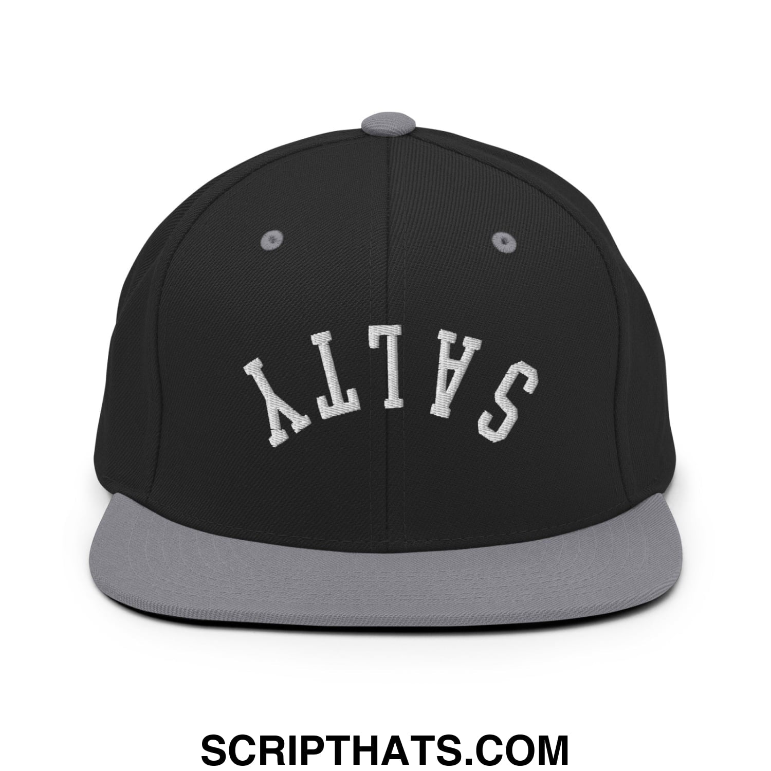 Black and gray snapback cap with white embroidered salty lettering and flat bill brim in an arched design
