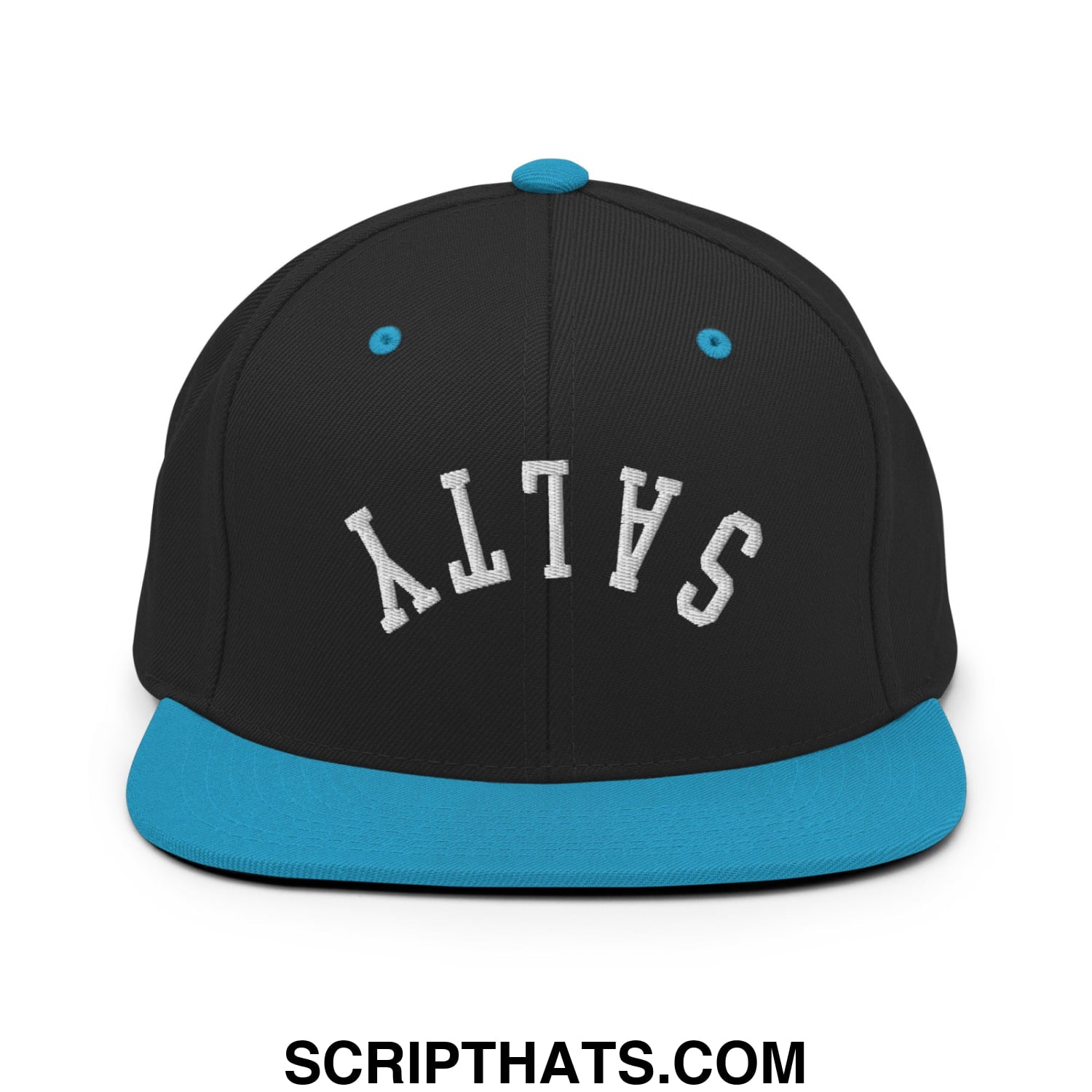 Black snapback cap with teal flat bill and button embroidered with salty in white arched lettering on front