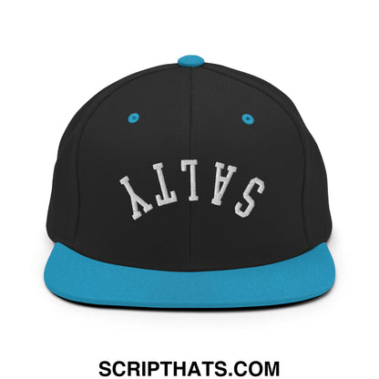 Black snapback cap with teal flat bill and button embroidered with salty in white arched lettering on front