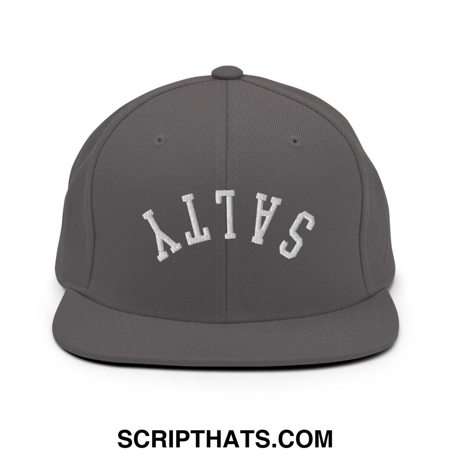 A dark gray snapback hat with a flat bill and white arched salty embroidery on the front