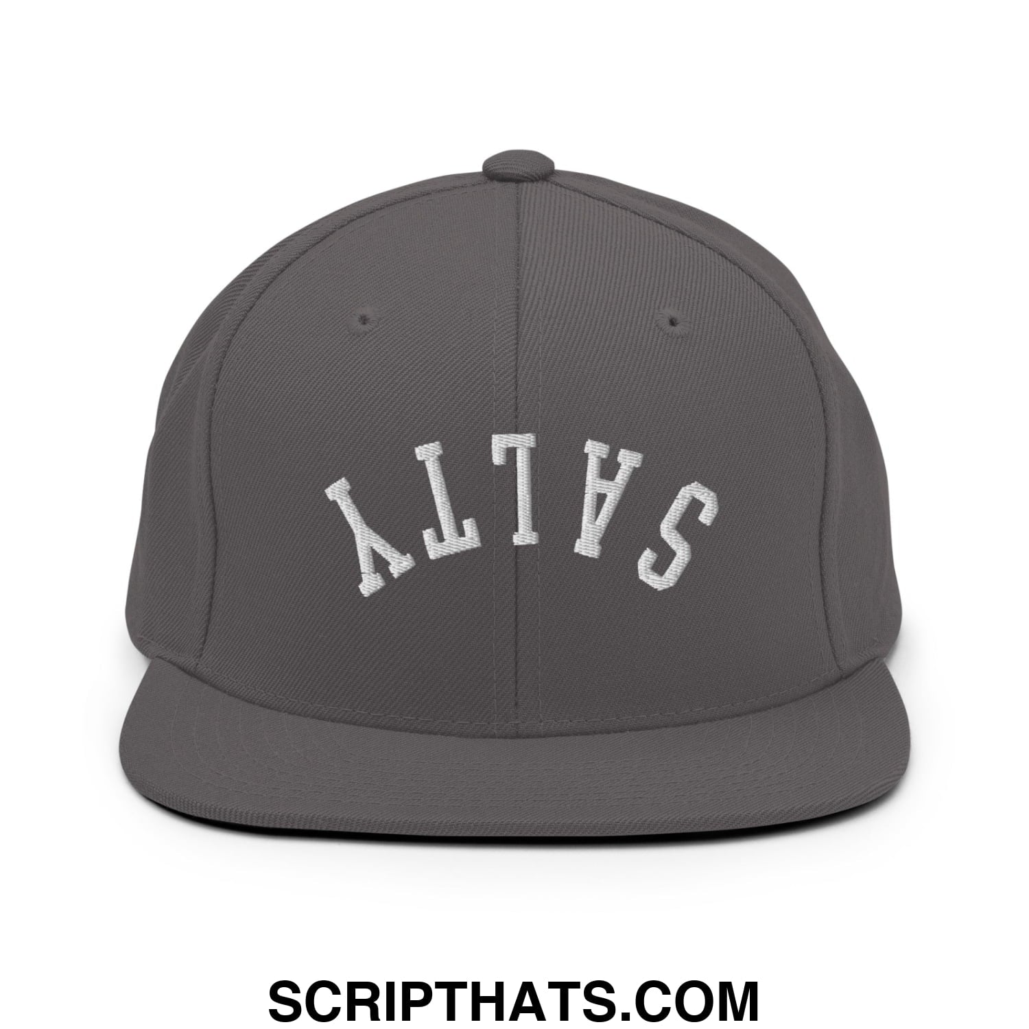 A dark gray snapback hat with a flat bill and white arched salty embroidery on the front